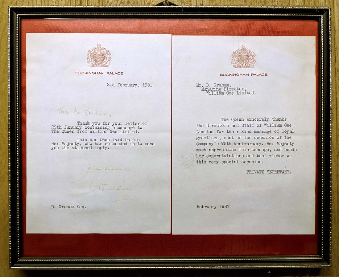 Letter from Her Majesty the Queen on the occasion of William Gee's 75 anniversary